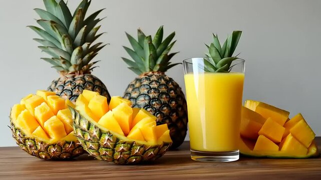 Freshly cut mango slices and whole pineapples with a glass of mango juice on a wooden table