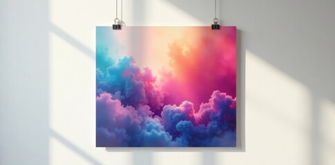 Poster on clip hanging from white wall with soft natural light, natural light, home decor, poster
