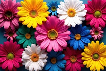 Brightly colored flowers arranged in a geometric pattern around a bold center, colorful, flowers