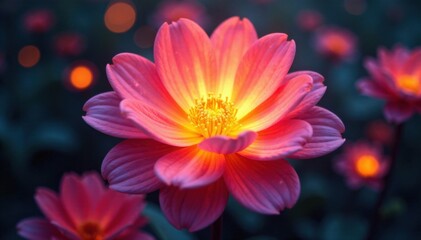 Radiant light emanating from a circular pattern of bursting flowers, radiance, shimmering petals