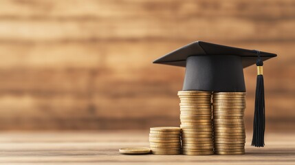 A graduation cap rests atop a stack of coins, symbolizing the value of education and investment in future success.