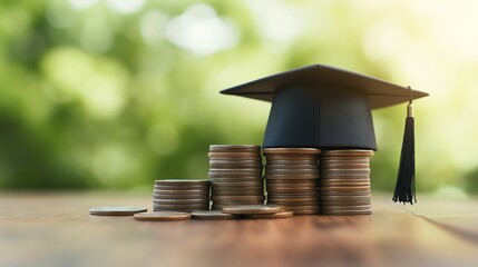A graduation cap rests on stacks of coins, symbolizing the value of education and investment in personal growth.