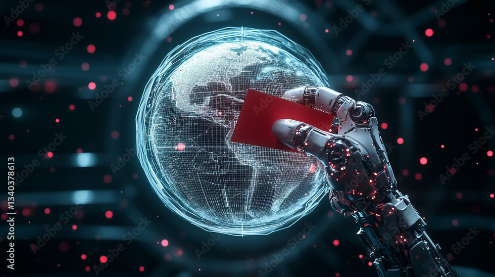 Poster global transactions: a robotic hand holds a card in front of a digital representation of the earth, 