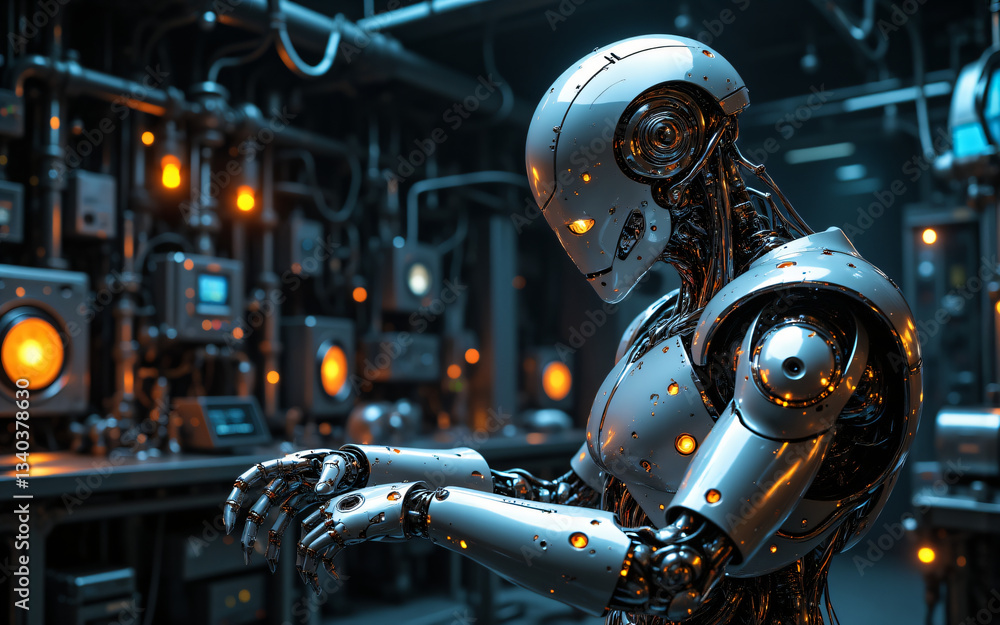 Aufkleber a sleek humanoid robot with glowing eyes stands in a dimly lit, futuristic laboratory filled with co