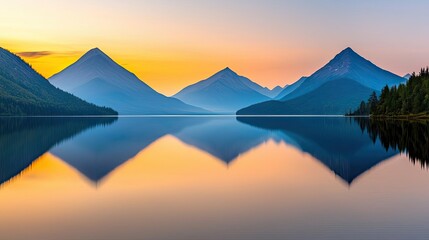 Naklejka premium Lakeside sunset landscapes idea. Serene mountain landscape at sunset with perfect reflection on calm lake water.