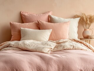 Serene bedroom interior featuring a cozy bed with soft pink linen bedding and decorative pillows in a minimalist style