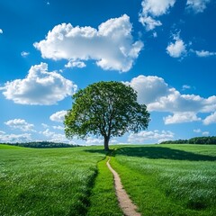 Obraz premium A solitary tree stands in a lush green field beneath a blue sky