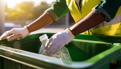 A person in gloves putting plastic bottle in recycling bin. The person is wearing a green vest and green shirt