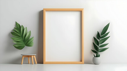 Wooden Frame Mockup with Green Plants in a Minimalist Setting
