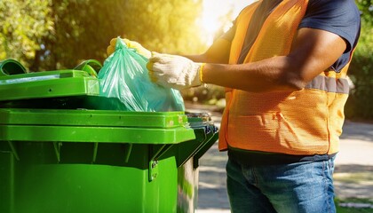 a sanitation worker disposing of a trash bag in a green bin. The worker is wearing gloves and a safety vest. The scene takes place outdoors