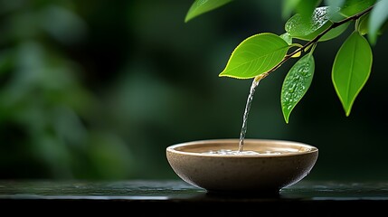 A serene scene featuring fresh green leaves gently hanging over a small bowl filled with water, reflecting tranquility and harmony in nature
