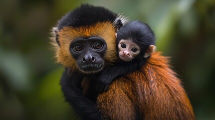 Obraz premium A mother monkey and her baby cling closely in a lush green forest.