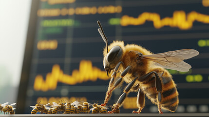 Buzzing with Business: A meticulously crafted, high-resolution image portrays a determined bee perched near a laptop displaying financial charts.