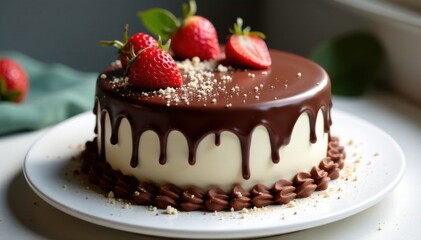Chocolate drips and pools around the edges of a stunning cake, showcasing its intricate design on a pristine white surface , sweet, pattern