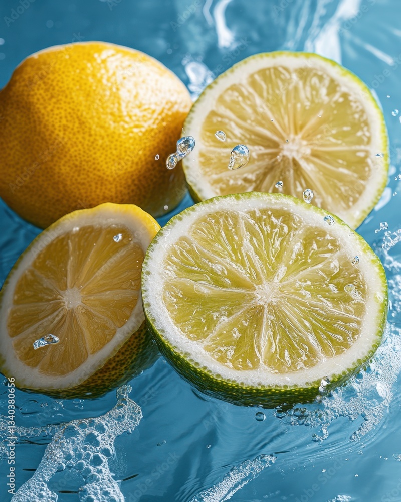 Poster refreshing citrus splash vibrant lemon and lime slices in cool water creating a dynamic and juicy co