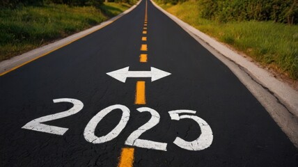 Fototapeta premium Road to 2025 choices ahead, rural landscape background