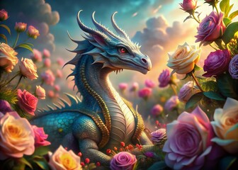 Majestic Iridescent Dragon Amidst Blooming Roses - Fantasy Stock Photo