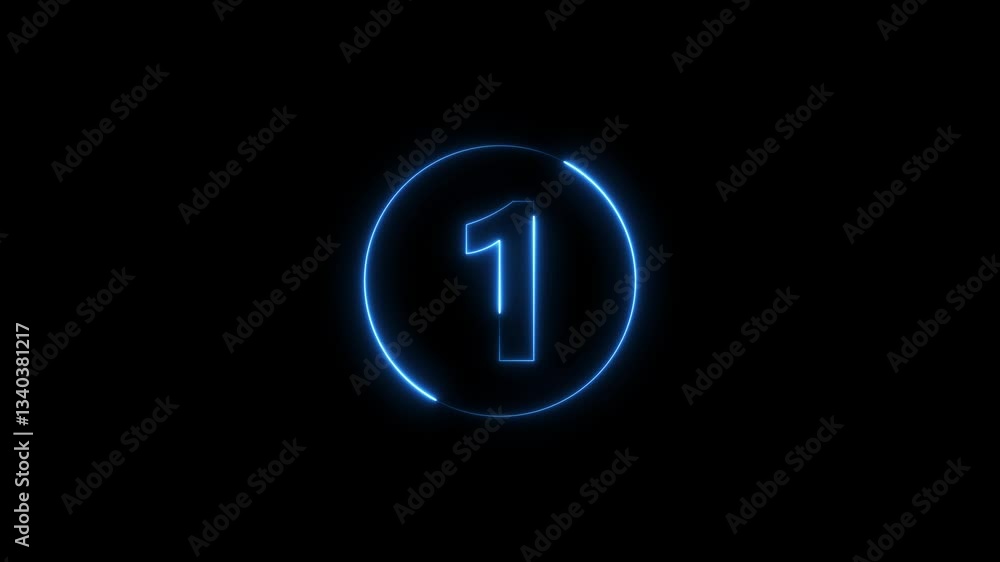 Poster top ten countdown animation text , neon light numbers from 10 to 1, countdown animation on black bac