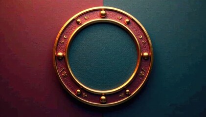 Circular badge with pin shape and ring details, metal badge, isolated