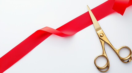 Ceremonial Cut: A gold pair of scissors snips a vibrant red ribbon, symbolizing new beginnings and grand openings. This clean and minimalist shot.