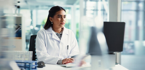 Physics, Indian woman or scientist on laptop in lab for chemical experiment, report or medical...