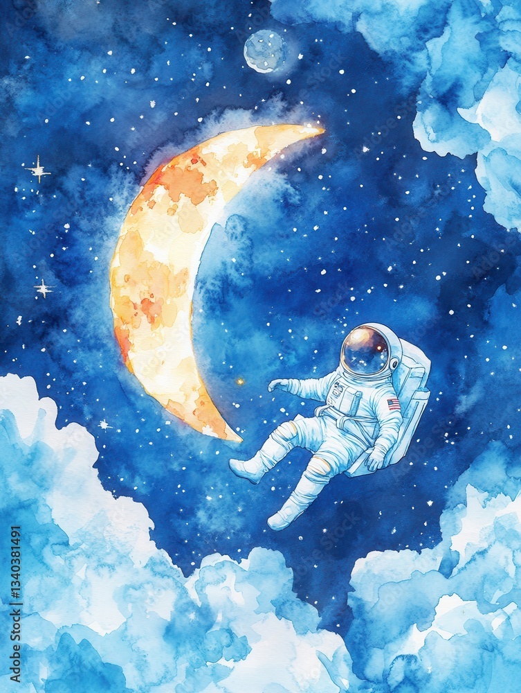 Poster a man in a spacesuit is floating on a moon