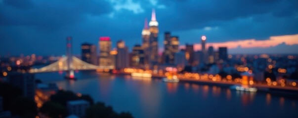 Fototapeta premium Cityscape at dusk with blurred city lights and abstract circular bokeh on a blue background, night, urban