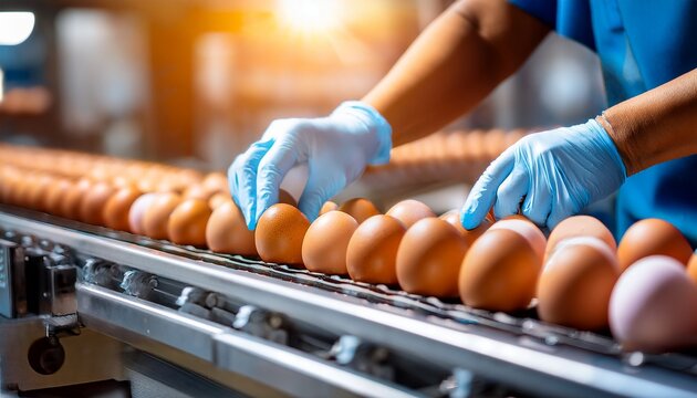 eggs being inspected as they move along a production line, with a person wearing gloves and working with the fresh eggs. This photo depicts egg inspection, poultry farm and process