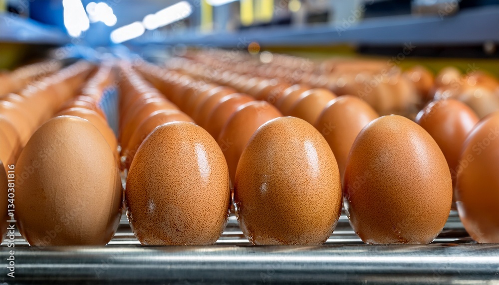 Poster a close-up shot of many fresh eggs on a production line, ready for processing and packaging. the egg