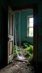 Cobwebs cling to the entrance of an abandoned house, spooky, haunted house