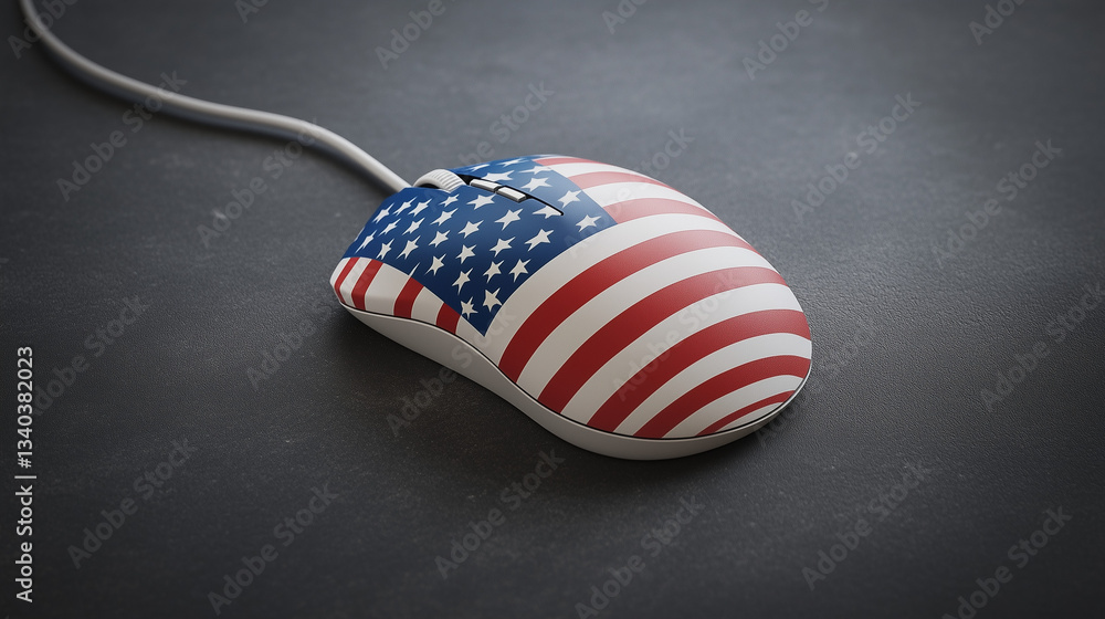 Poster patriotic pointer: a close-up of a computer mouse decorated with the united states flag, symbolizing