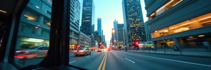 Close-up of a cityscape from a moving bus window, with skyscrapers and buildings passing by quickly, city life, building