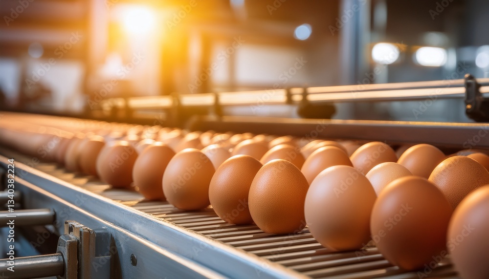 Poster eggs rolling along a conveyor belt in a food processing plant. an industrial process with a focus on