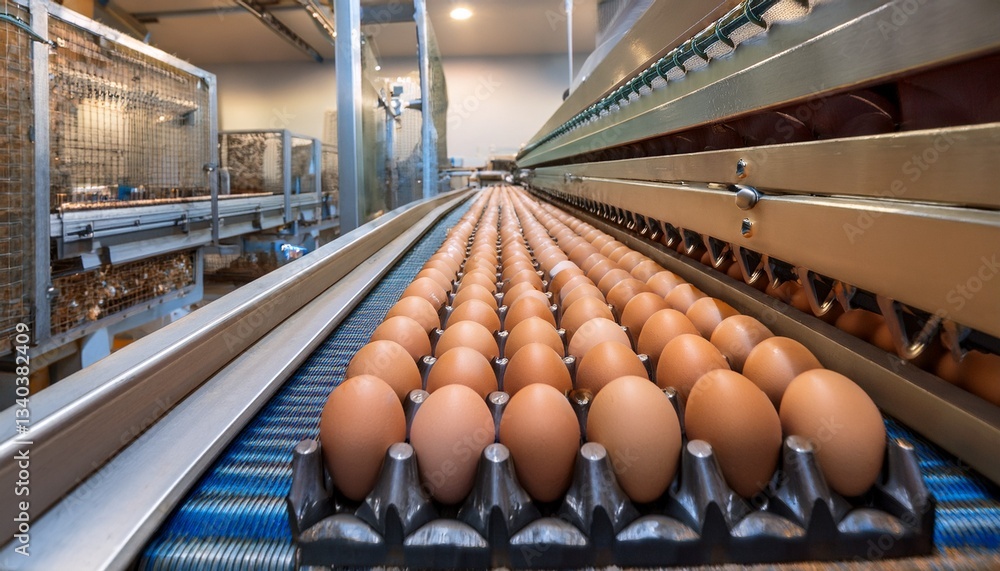 Poster rows of eggs neatly organized on a conveyor belt in a production line. the picture shows the automat
