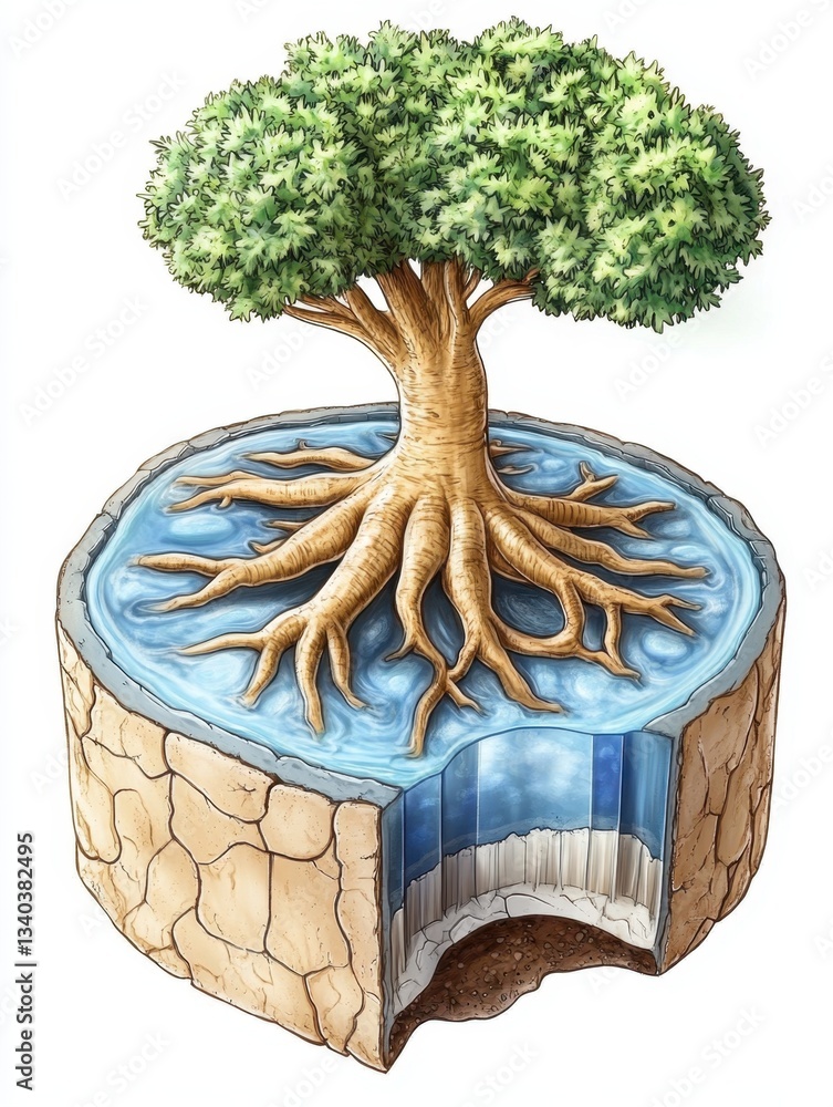Poster illustration of a tree with roots extending into water and a cross section of soil layers below depi