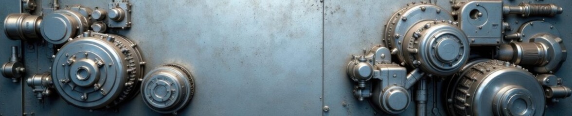 Obraz premium Close-up of industrial machinery parts against a silver metallic texture background , mechanical parts, industrial design