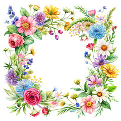 Fototapeta premium Floral Frame of Blooming Beauty: a captivating and colorful illustration of a floral frame, the delicate watercolor brushstrokes bring to life a vibrant array of mixed flowers.
