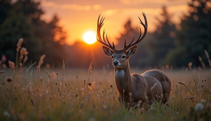 Deer Standing in Field at Sunset with Warm Golden Light