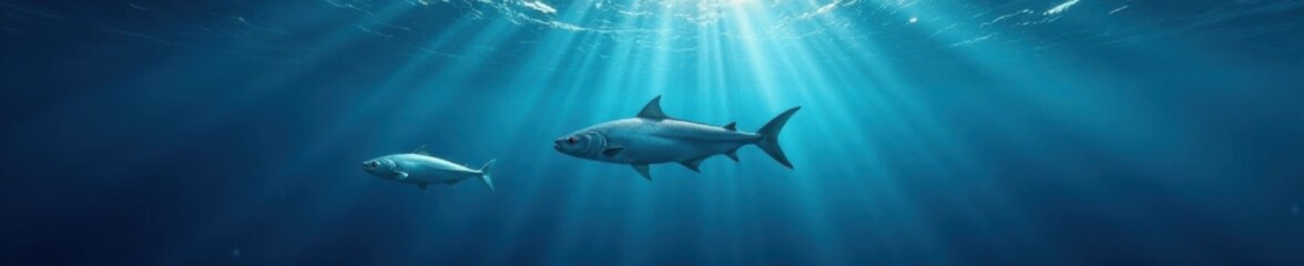 Obraz premium Silvery fish swim beneath a dark blue ocean surface with waves and ripples, waves, sea