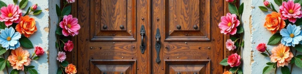 Colorful floral banners tied around a wooden door, garden, decoration