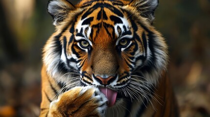 Obraz premium Tiger Isolated on White Background Licking Its Paw