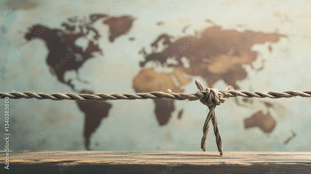 Poster global connection: a close-up shot of a rope tied with a knot in front of a world map.