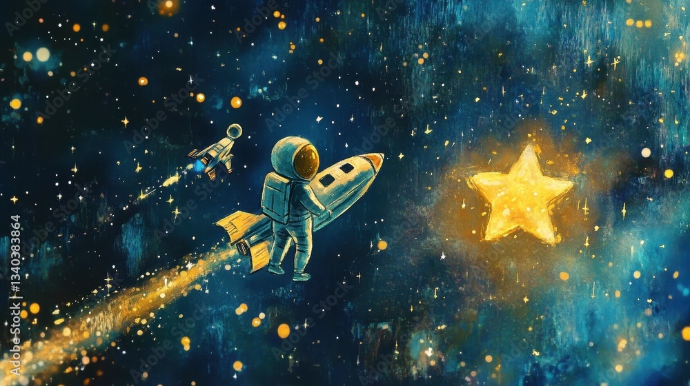 Poster a man in a spacesuit is flying a rocket in space