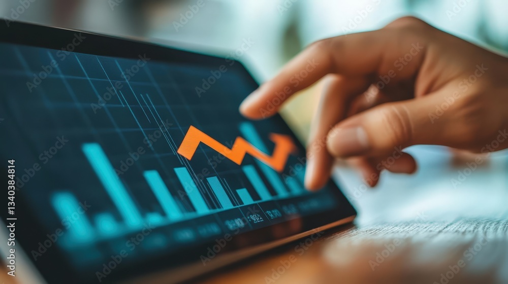 Aufkleber hand pointing to a rising graph on a tablet indicates progress and success.