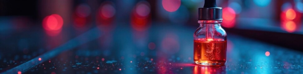 Small glass vial containing a glowing liquid with a dropper and a label, test tube, medicine