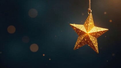 Fototapeta premium Small golden star suspended from black thread, decoration, drop, shimmer