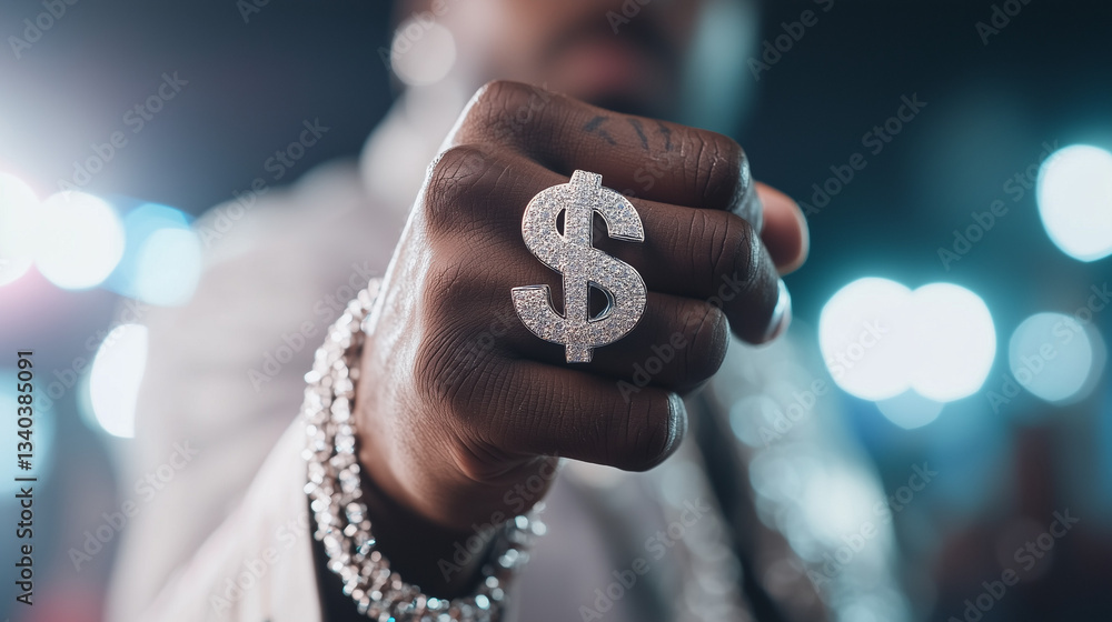 Poster power and affluence: a hand, adorned with a gleaming ring, boldly displays a dollar sign in a symbol