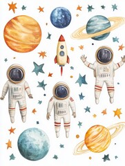 A painting of astronauts and a rocket in space