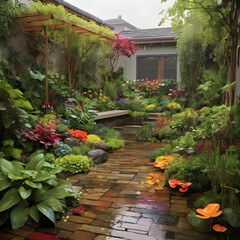 Obraz premium Rainy Garden Becomes a Vibrant Sanctuary, Blending Water and Foliage into a Colorful Harmony