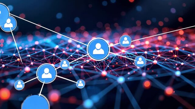 Digital social network connection with glowing nodes and user icons in futuristic blue and red

